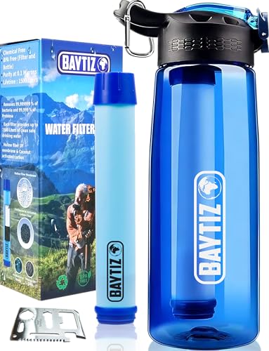 BAYTIZ ® Gourde Filtrante + Paille de Survie au Charbon Actif - Bouteille Filtre à Eau Nomade : Voyage Randonnée Trek Camping Kit Purificateur Réutilisable Plastique Sac Pluie Catastrophe