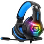Ozeino Casque Gaming pour PS5 PC PS4, Casque Gamer pour Micro RGB 7 Couleurs Transducteurs 50mm Stéréo Basse Micro Anti-Bruit Réglable Compatible avec Switch Xbox Series X & S-Bleu Noir