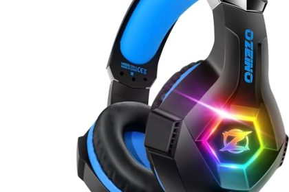 Ozeino Casque Gaming pour PS5 PC PS4, Casque Gamer pour Micro RGB 7 Couleurs Transducteurs 50mm Stéréo Basse Micro Anti-Bruit Réglable Compatible avec Switch Xbox Series X & S-Bleu Noir