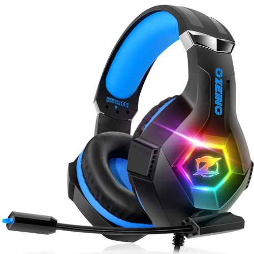 Ozeino Casque Gaming pour PS5 PC PS4, Casque Gamer pour Micro RGB 7 Couleurs Transducteurs 50mm Stéréo Basse Micro Anti-Bruit Réglable Compatible avec Switch Xbox Series X & S-Bleu Noir