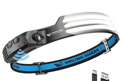 Smiling Shark Lampe Frontale, 230°Angle Large 3*LED Bandes Lumineuses Blanches la Headlight Rechargeable avec Capteur de Motion Étanche pour le Camping la Randonnée, Lampe-Frontale-LED-Camping-Light
