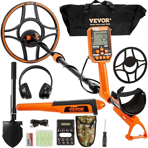 VEVOR Détecteur de Métaux Bobine de Recherche 30,5 cm Détecteur Rechargeable 99-127 cm Écran LCD Étanche IP68 7 Modes Puce DSP Écouteurs Bluetooth pour Recherche d'or Chasse aux Trésors Noir/Orange