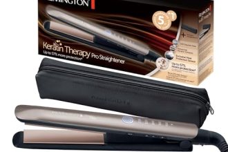 Remington Lisseur Cheveux [Innovation: Capteur de Protection contre la chaleur] Keratin Therapy (Soin Kératine & Huile d'Amande, Céramique, Ecran LCD, 160-230°C, pochette) Fer à lisser S8593