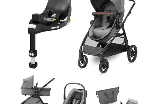 Maxi-Cosi Pack Zelia S Trio Poussette 3 en 1, FamilyFix 360 Base ISOFIX Pivotante - Système de Voyage incl. Siège Auto CabrioFix S i-Size, 0-4 ans, jusqu'à 22 kg, Gris + Base FamilyFix 360